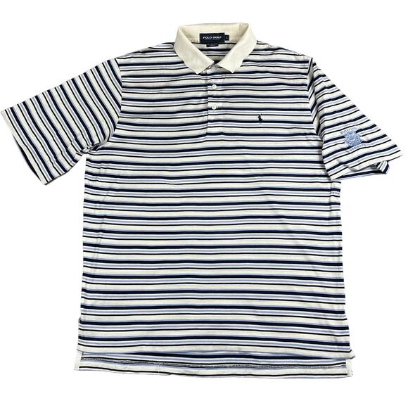 Polo Golf Shirt Large Blue Stripes Whistling Straits Embroidered Sleeve Preppy - Picture 1 of 11